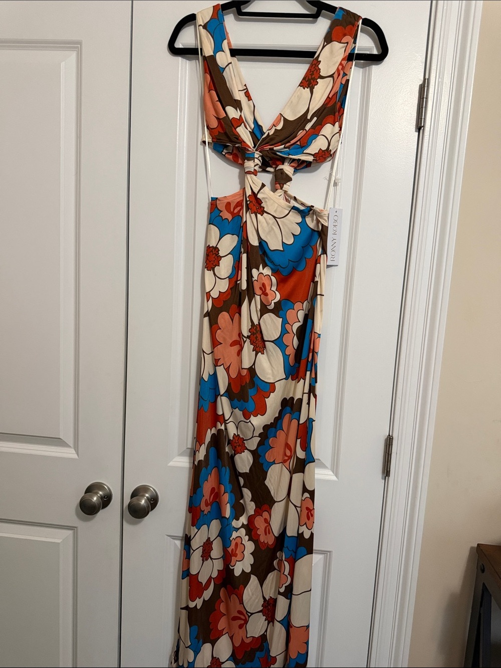 Ronny Kobo Collection Backless Floral Maxi Dress in Blue, Brown, Cream